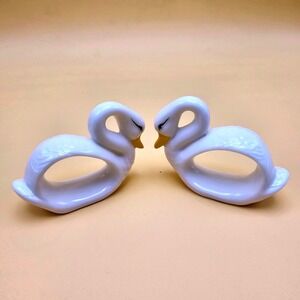 Set of 2 White Ceramic Swan Napkin Rings Holders Yellow Beak Elegant Table Decor